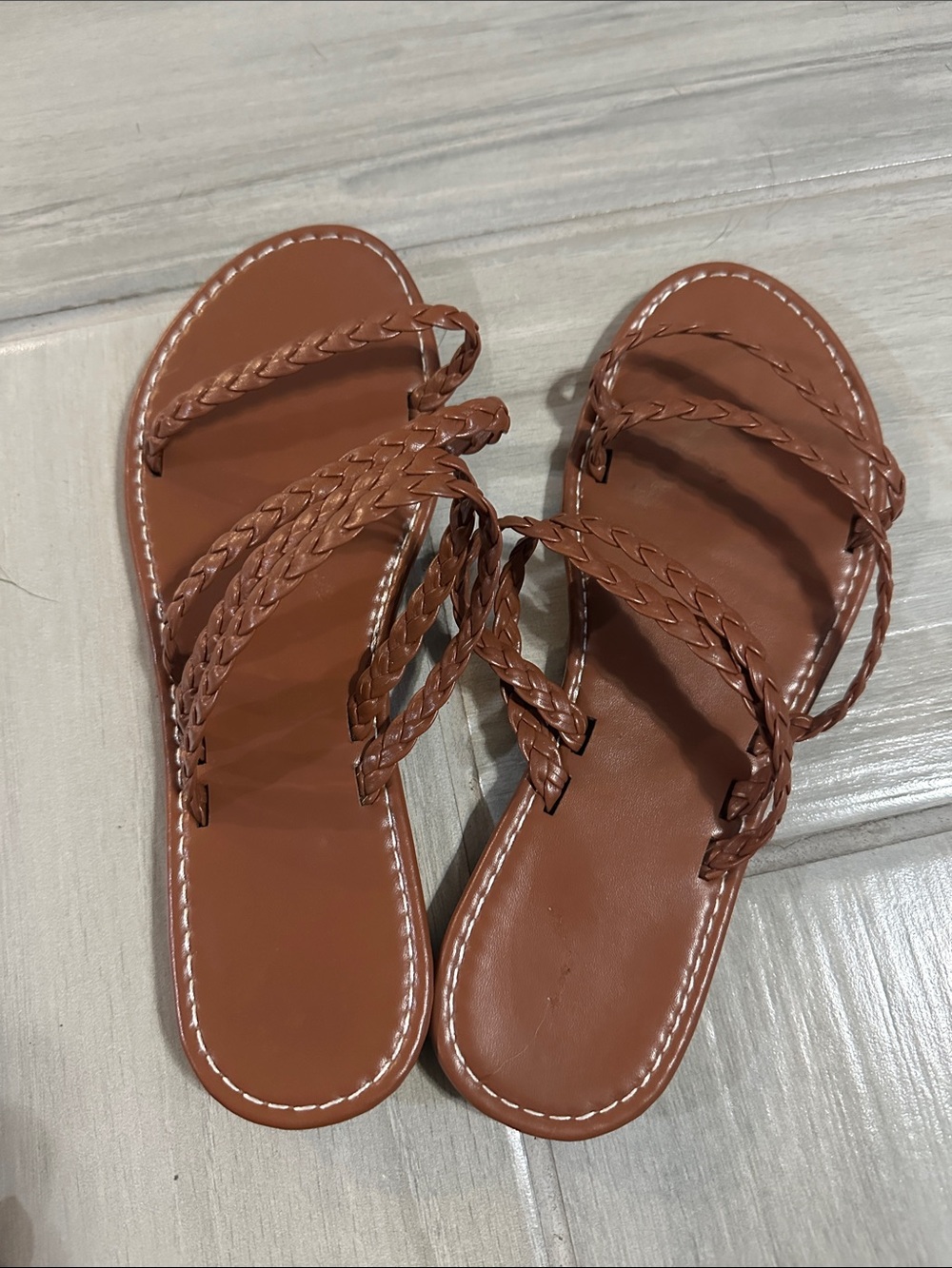 Braided Strappy Flat Sandals — Brown